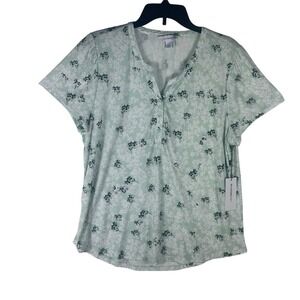 Liz Claiborne Womens PXL Green Floral Henley Short Sleeve Blouse NWT
